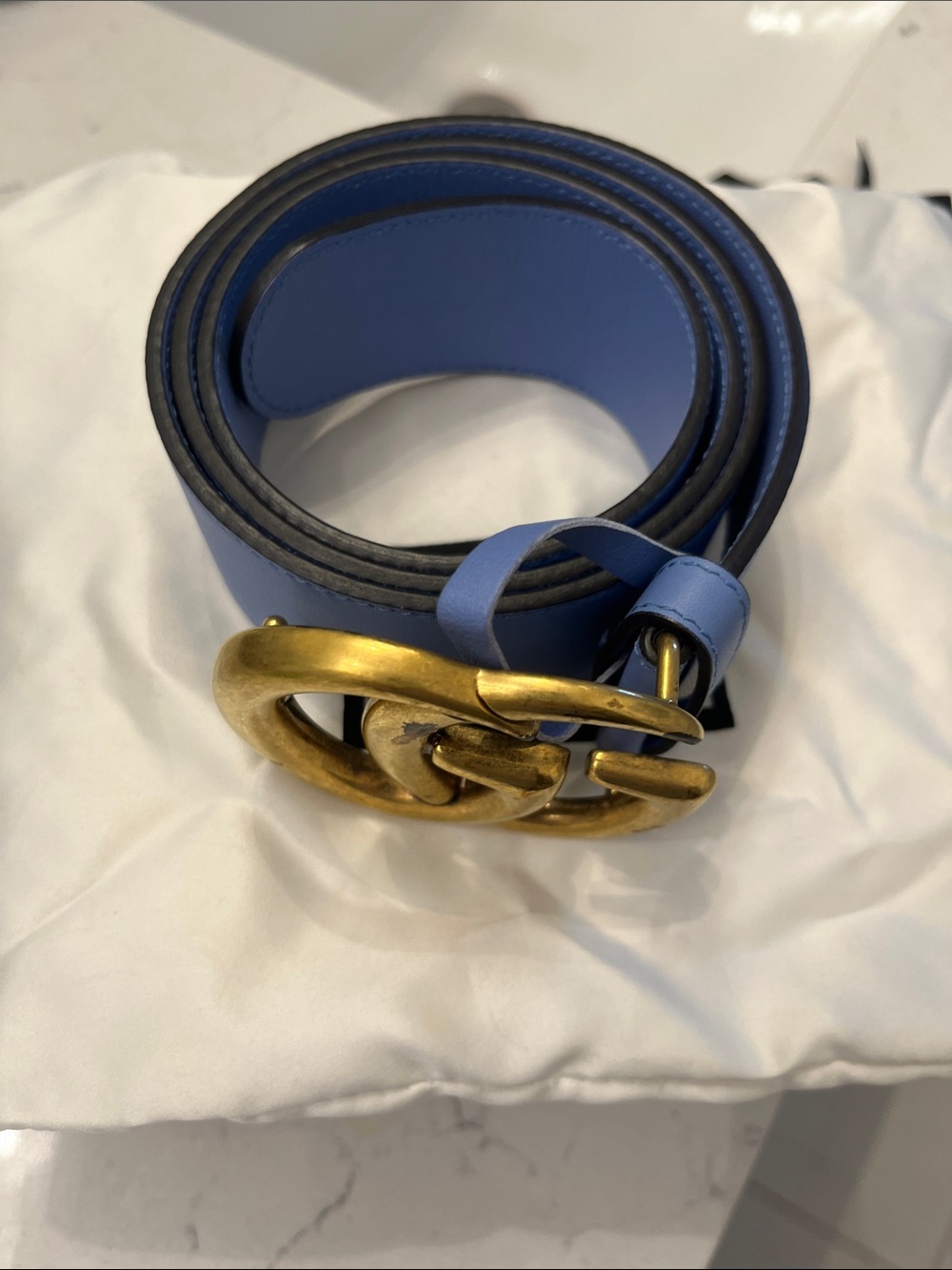 Gucci Blue Leather woMen’s Belt with Brass Double-Loop Buckle